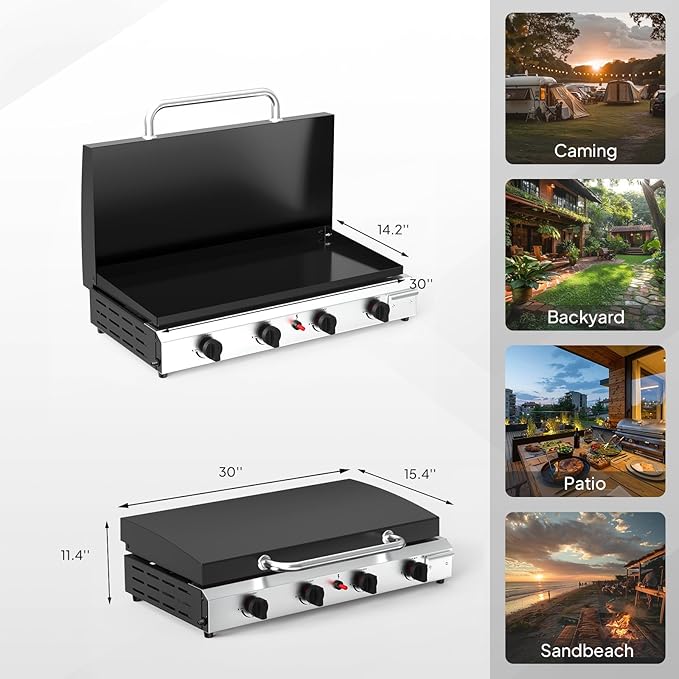 Bonnlo 4 Burner Portable Propane Griddle with Lid, 40000BTU Tabletop Flat Gas Grill with Ignition and Oil Collector, Camping Griddle for Outdoor Cooking Patio Backyard Sandbeach BBQ Party