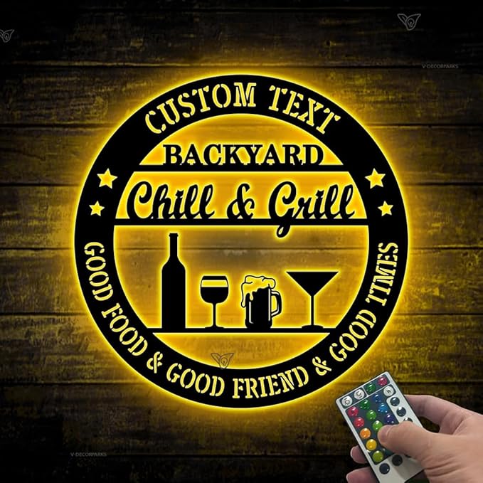 Backyard Bar & Grill Custom Name Sign - Personalized LED Light Up Metal Wall Art with Remote, Light Up Bar Sign, Bar Decor for Patio, Man Cave