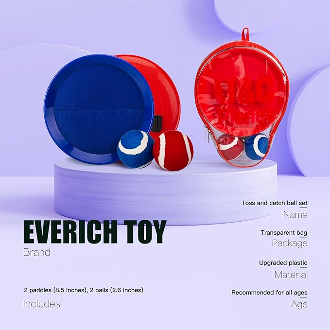 EVERICH TOY Upgraded Toss and Catch Ball Game Set, Kids Toy Stocking Stuffers for Boys Girls Ages 3-12, Includes 2 Paddles 2 Sticky Balls, Water-Resistant Indoor Outdoor Toy for Beach Pool Yard