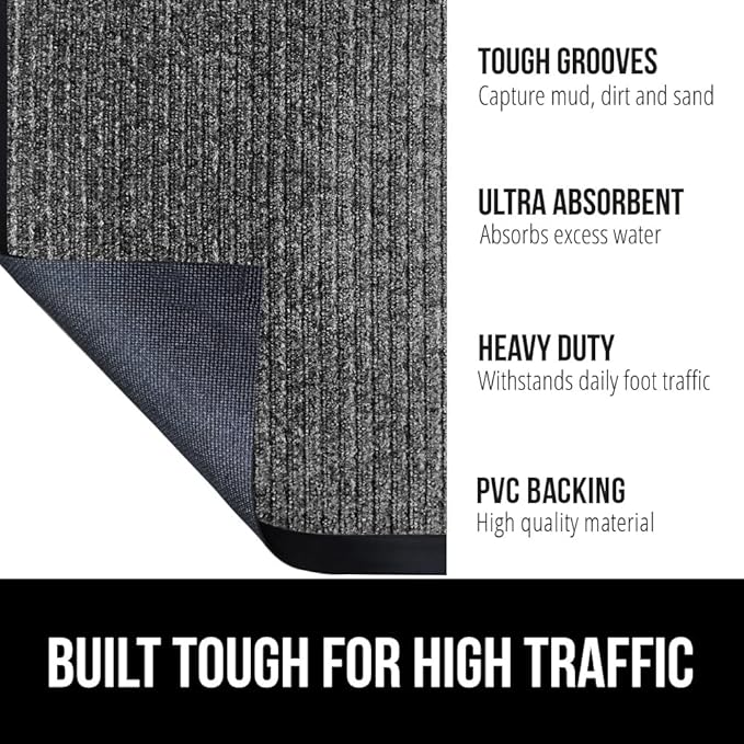 GORILLA GRIP Waterproof Traffic Guard Door Mat, 70x24, Heavy Duty Entryway Mats, Strong Rubber Back Commercial Rugs for Office Hallway, Garage Floor and Home, Low Profile Carpet Runner, Light Gray
