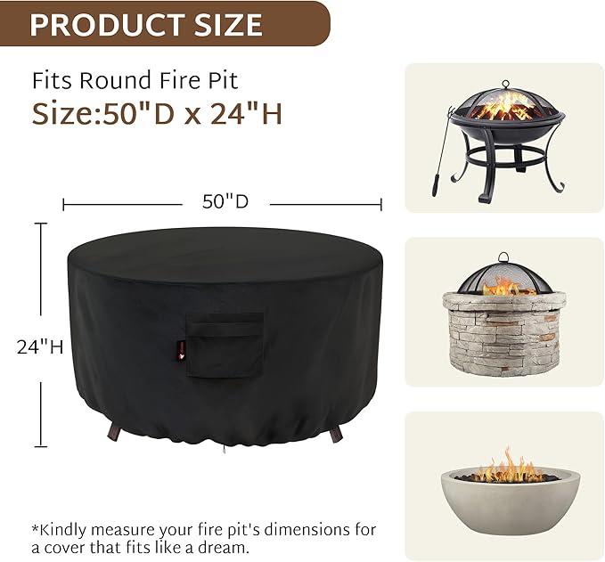 iBirdie Fire Pit Cover Round 50 inch Outdoor Waterproof and Weatherproof Heavy Duty 600D Patio Furniture Table Fireplaces Coffee Table Covers