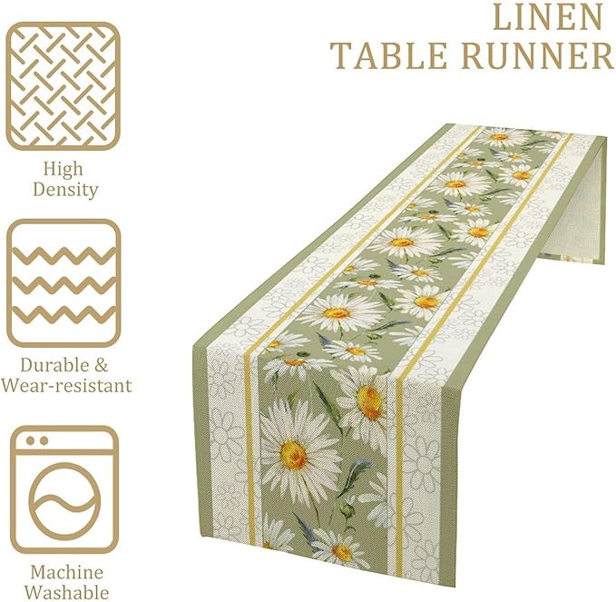 Daisy Flower Table Runner, Summer Watercolor Plants Floral Spring Garden Table Cover for Farmhouse Kitchen Dining Room Party Picnic Table Decor, 13x120inch