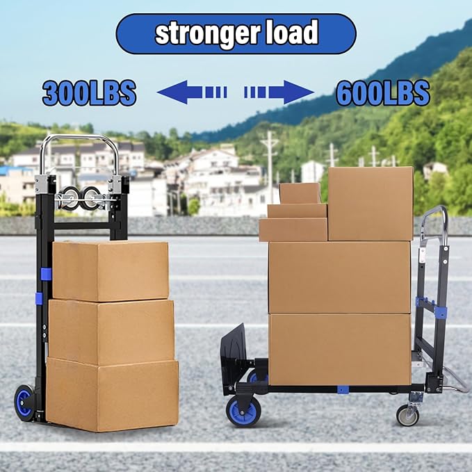 Upgraded 3 in 1 Folding Hand Truck, 600lbs Capacity, Heavy Duty Convertible Dolly with Retractable Handle and 4 Rubber Wheels, Collapsible Cart for Moving Home, Office, Warehouse (Blue)