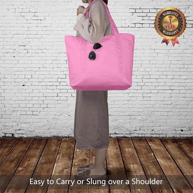 TOPDesign 6-Pack Canvas Tote Bags with an External Pocket, Reusable Grocery Shopping Bags, Top Zipper Closure, Daily Essentials (Pink)
