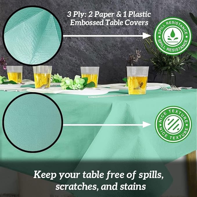 PARTY BARGAINS 54" X 108" Paper & Plastic Table Covers, Mint Green, 5 Pack