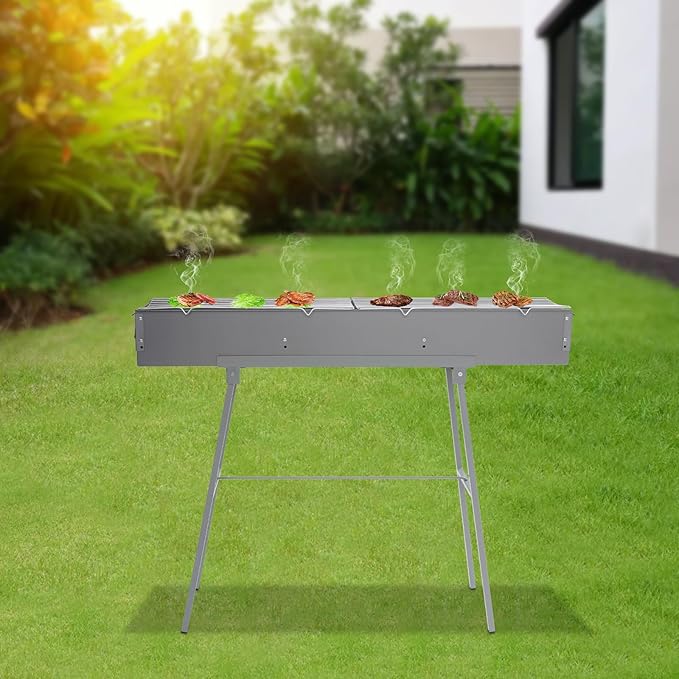 Portable Charcoal Grill, 39.3x7x5.1in Folding Camping Barbecue Gril with 2 Grill Meshes and Stand, 88 lbs Capacity Charcoal Grills for Party, Garden Picnic, Travel, Outdoor Party