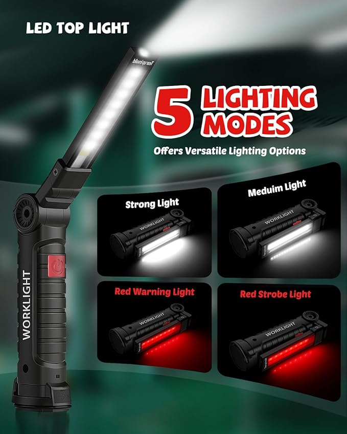 Coquimbo Mens Valentines Day Tool Gifts for Him Boyfriend Husband, Rechargeable LED Work Light BBQ Grill with Magnetic Base Hook, 360° Rotate Mechanic Flashlight Dad Birthday Gifts (2 Pack Black)