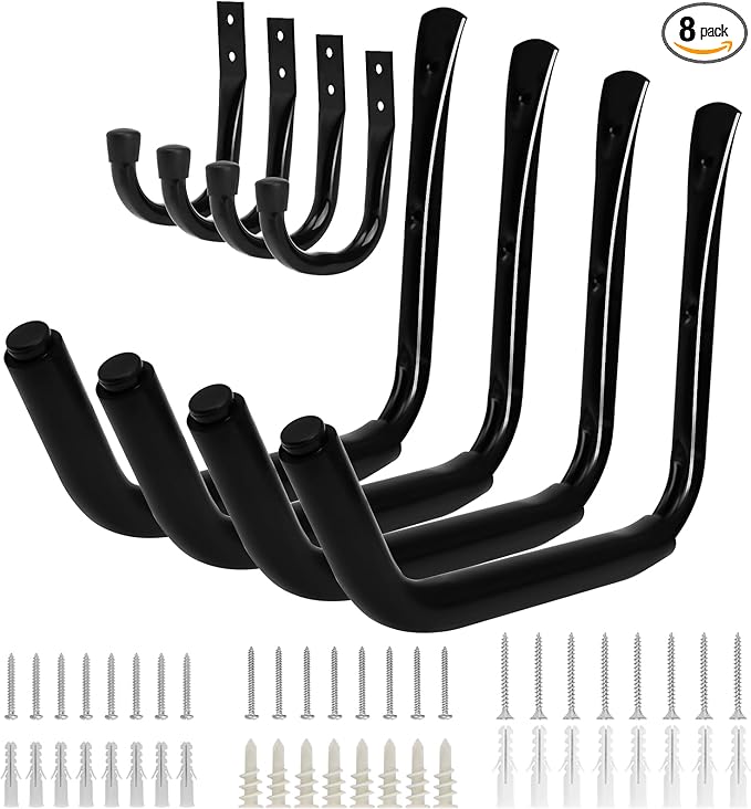 KURUI Heavy Duty Kayak Storage Rack, 100 LB (15") Wall Mount Hooks for Hanging Indoor/Outdoor, 8 Pack Large Garage Hooks for Ladder Kayaks Surfboards, Black Organization Hangers, Kayak Accessories