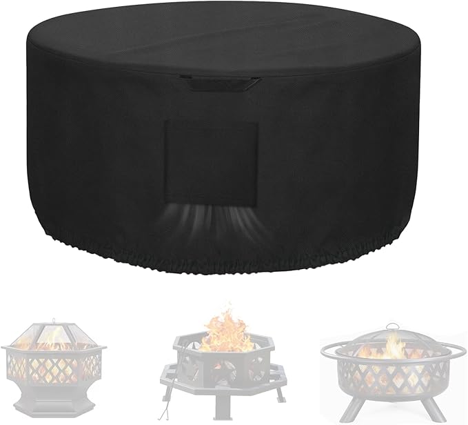 Kovshuiwe Round Gas Fire Pit Cover-600D Fabric Waterproof and Resistant Material，Fits Outdoor for 34-36 Inch Fire Pit/Table Cover, Patio Fire Bowl Cover-36 Dia x 20" H, Black