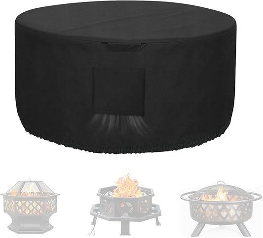 Kovshuiwe Round Gas Fire Pit Cover-600D Fabric Waterproof and Resistant Material，Fits Outdoor for 34-36 Inch Fire Pit/Table Cover, Patio Fire Bowl Cover-36 Dia x 20" H, Black