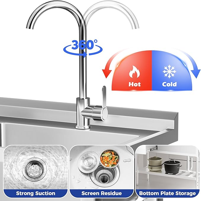 Stainless Steel Sink, Free Standing Single Bowl Commercial Kitchen Sink w/Workbench & Storage Shelf, w/Hot & Cold Water Pipes & Faucet for Laundry Room, Farmhouse, Indoor/Outdoor(47 inch)