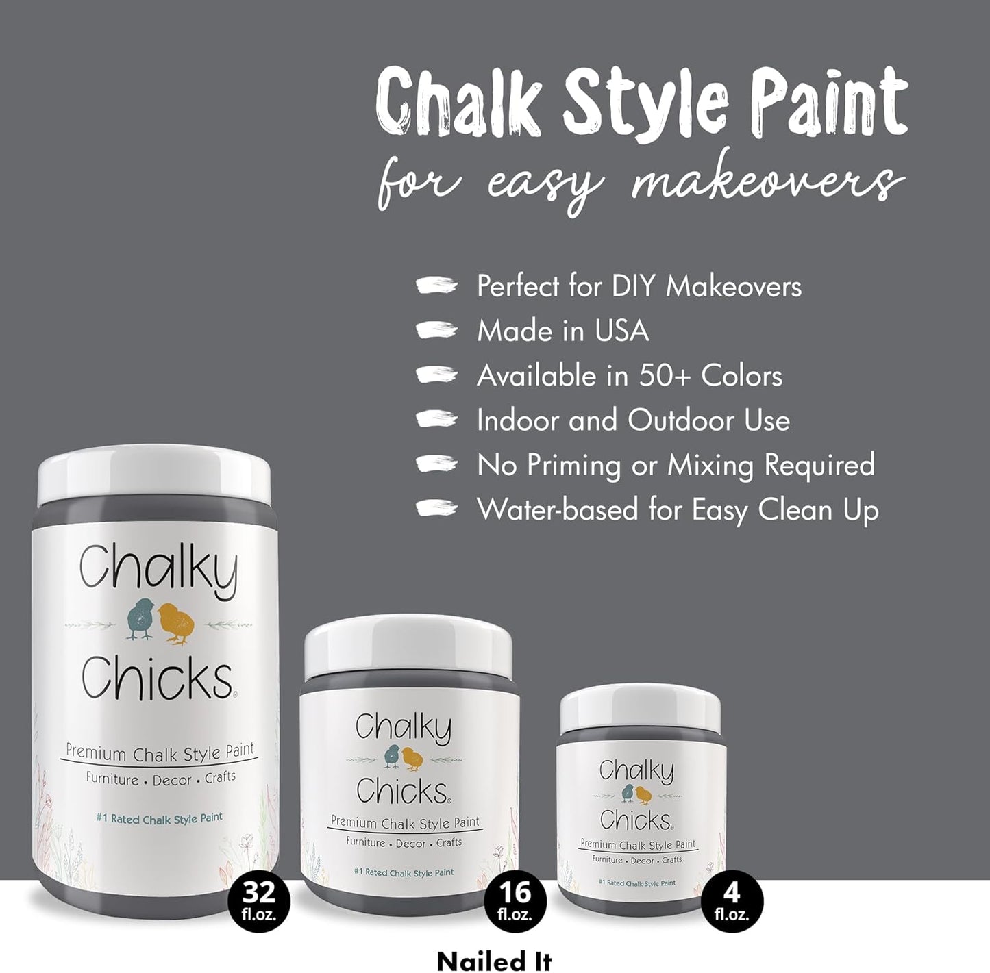 Chalky Chicks All-in-One Chalk Paint for Furniture or Cabinet - 16Fl Oz- Matte Finish Nailed It (Blueish Gray) for Metal, Wood Furniture Paint - No Sanding All-in-One for Home Decor & Crafts, USA Made