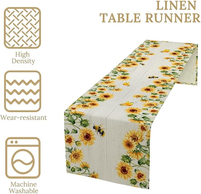 Sunflower Table Runner, Yellow Floral Flower Butterfly Country Rustic Table Runner for Outdoor Home Party Kitchen Dining Holiday 13x120in