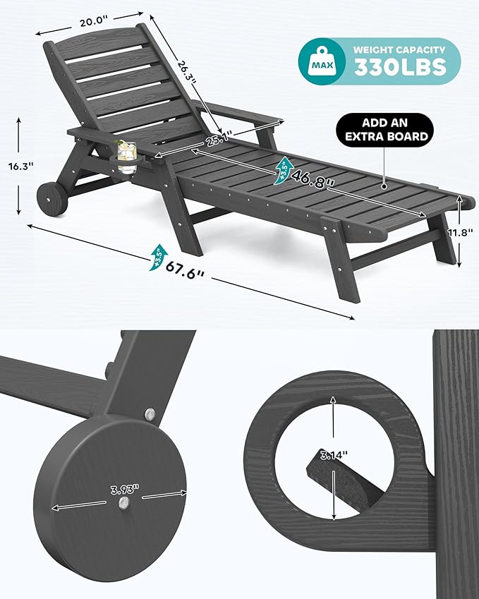 SERWALL Patio Chaise Lounge Chair Set of 4, 5 Positions Adjustable Poly Outdoor Lounger for Pool, HDPE Lounge Chair with Rolling Wheels & Cup Holder for Poolside, Deck, Slate Gray