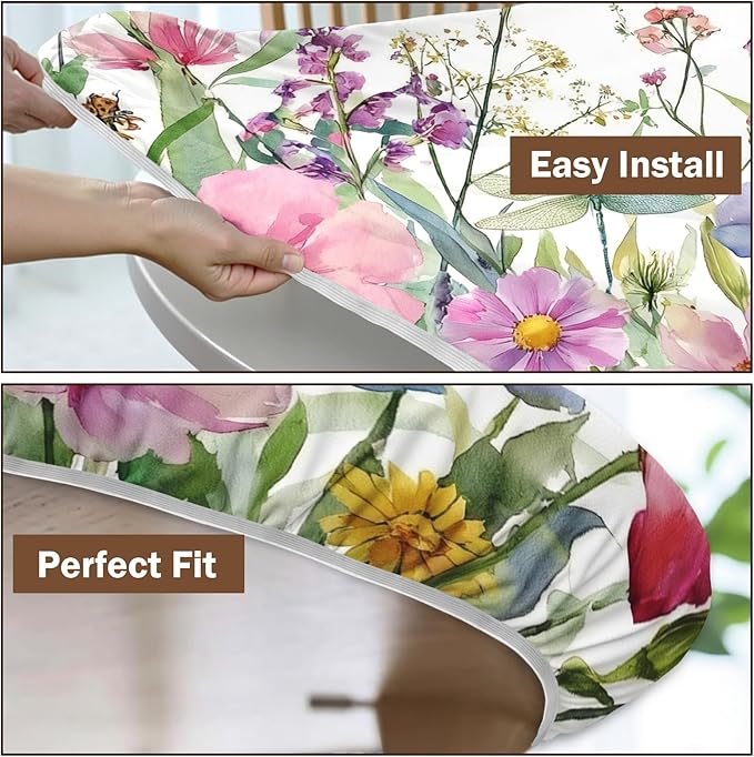 Spring Summer Floral Round Fitted Tablecloth with Elastic Wildflower Dragonfly Circle Table Cloth for 44-48" Tables Farmhouse Easter Flowers Stretch Waterproof Table Cover for Picnic Outdoor Dining