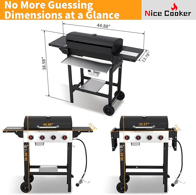 4-Burner Propane Gas Grill, 38250 BTU BBQ Grill with Cast Iron Grates, 302 Sq. In. Cooking Area, Foldable Side Shelves, Portable Outdoor Camping Patio Grill, Black
