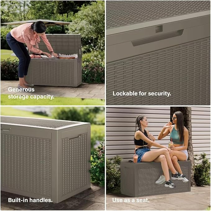 100 Gallon Resin Deck Box, Waterproof Outdoor Storage Box for Patio Furniture, Garden Tools, and Pool Accessories, Lockable UV-Resistant Storage Bin Bench Cabinet for Outside, Grey
