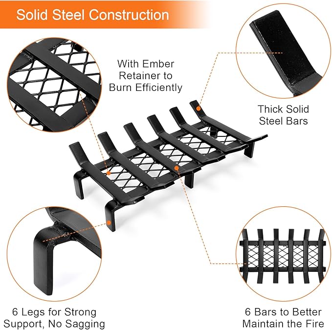 17" Fireplace Grate with Ember Retainer, Wood Stove Grate Rack, Heavy Duty Solid Steel 6-Bars Firewood Holder, Non-Assembly Fire Grate for Indoor Hearth Outdoor Firepit - Matt Black
