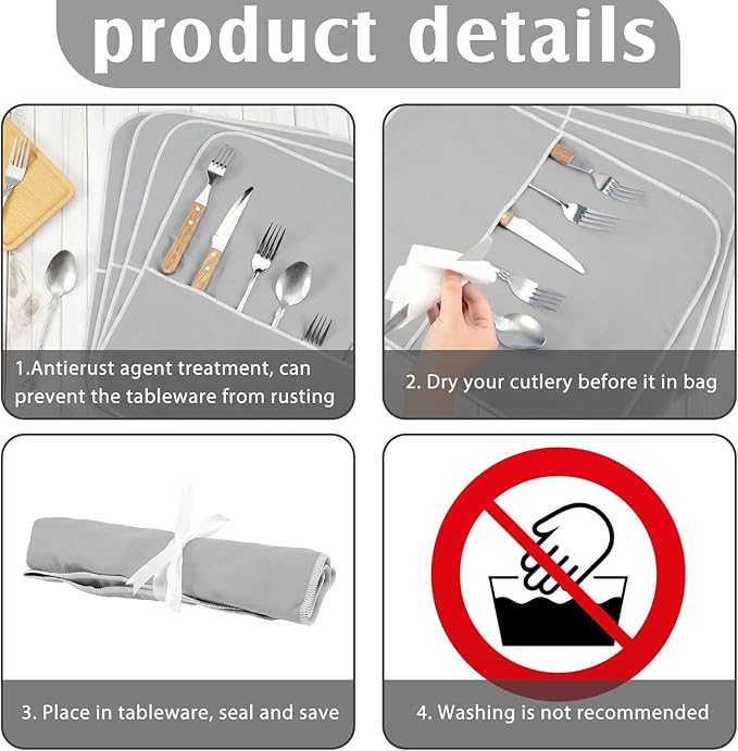 Hillban 6 Pcs Anti Tarnish Silver Storage Bags Silver Storage Cloth Felt Flatware Organizer Anti Tarnish Protector Bags Place Setting Roll with White Ribbon for Kitchen Cutlery (6 Slots,Grey)