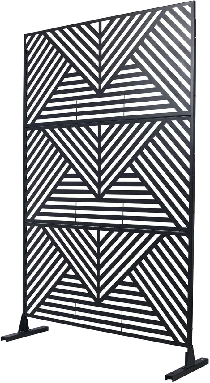 Outdoor Privacy Screen with Geometric Design – Metal Decorative Panel, Freestanding Partition, Weather-Resistant, 76"x48" for Garden, Patio, Balcony, and Yard, Black