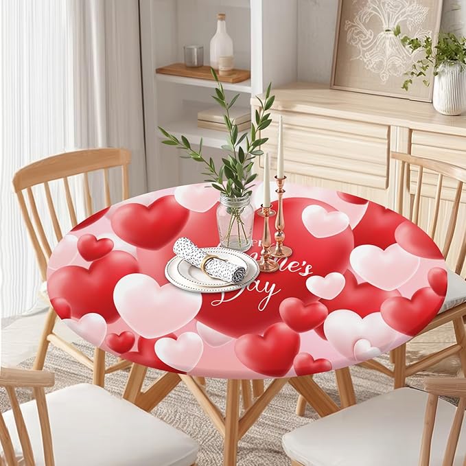 Valentines Day Round Fitted Tablecloth with Elastic Red White Love Heart Circle Table Cloth for 44-48" Round Tables Wipeable Waterproof Washable Valentine Table Cover for Picnic Dining Party Decor
