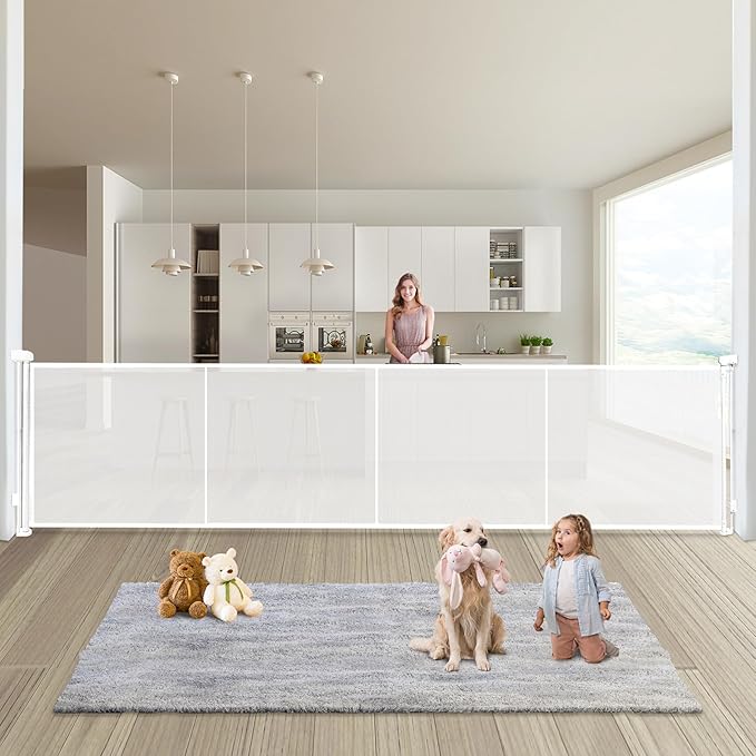 180" Extra Wide Retractable Baby Gates for Large Openings, 42" Extra Tall with Support Rods, Prevent Crawling, Mesh Dog/Pet Gate for Stairs/Doorways, Indoor/Outdoor Use
