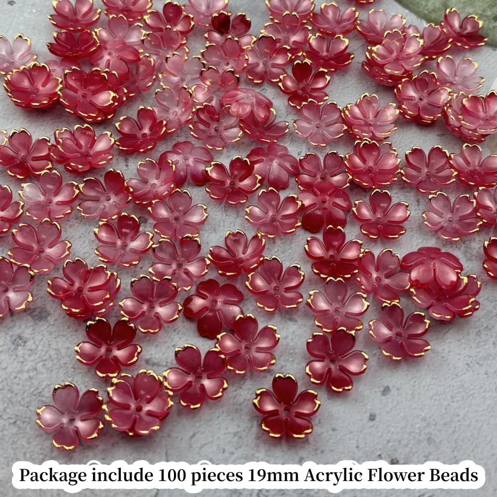 100pcs Acrylic Flower Beads, 19mm Cherry Blossom Plastic Gradient Flower Spacer Beads for DIY Crafts Bracelet Necklace Earrings Jewelry Making(Red)