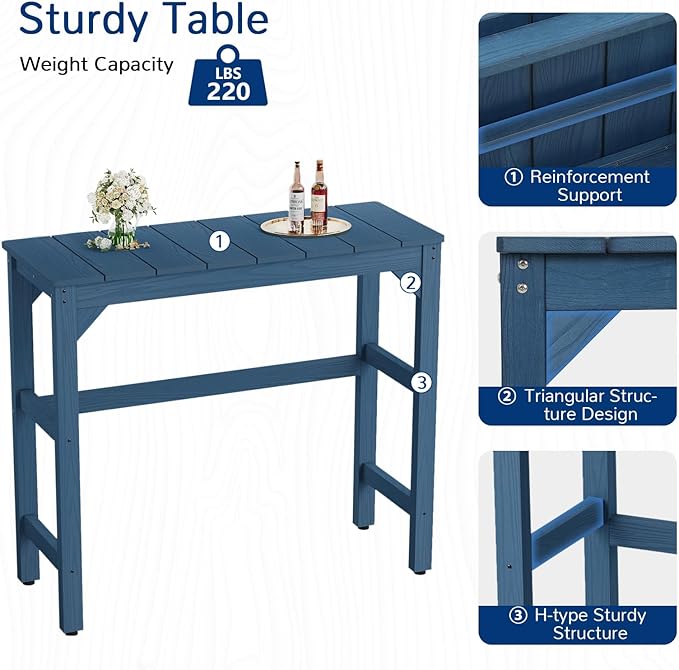 3 Piece Outdoor Bar Set, 42" Rectangular Pub Height High Top Bar Table & 2 Outdoor Bar Stools for Patio, Garden, Poolside and Bistro, Weatherproof, Blue