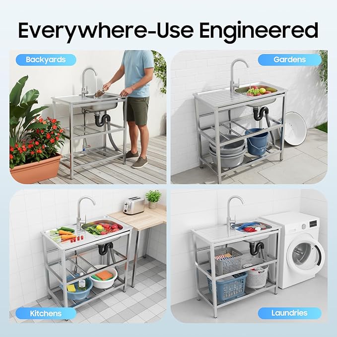 Outdoor Utility Sink, Freestanding Kitchen Sink with Faucet, Utility Sink Freestanding Single Bowl Portable Washing Hand Basin Station with 2 Tier Storage Shelves for Backyard (29.52x 15.74x 30.7in)