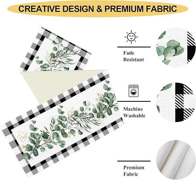 Green Eucalyptus Table Runner, Farmhouse Spring Plants Leaves Checkered Baffalo Plaid Rustic Country Greenery Cafe Coffee Table Center Decor for Home Kitchen Dining Patio Indoor Outdoor, 13"x72" Inch