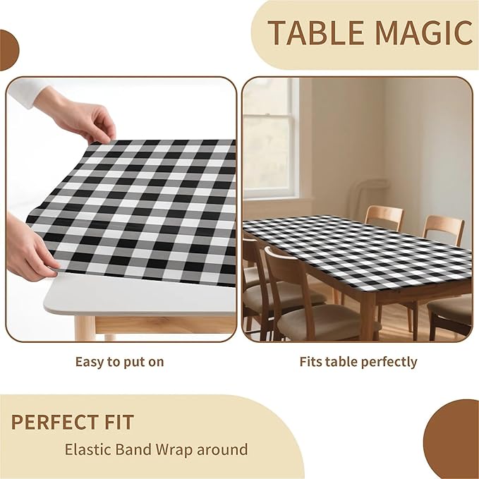 Rectangle Table Cloth Cover Waterproof Elastic Fitted Polyester Fitted Tablecloths for 6 Foot Tables for Indoor,Picnic, Camping, Outdoor （60" x 30"，Black Grid）