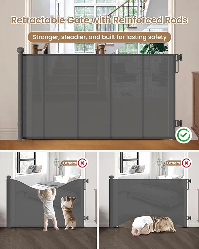 Retractable Baby Gate, 55" Wide Mesh Gate with 4 Reinforced Rods, Prevents Kids & Dogs from Crawling Under, 34" Tall Easy-to-Use Pet Gate for Stairs, Bedrooms, Hallways, Indoor/Outdoor, Gray