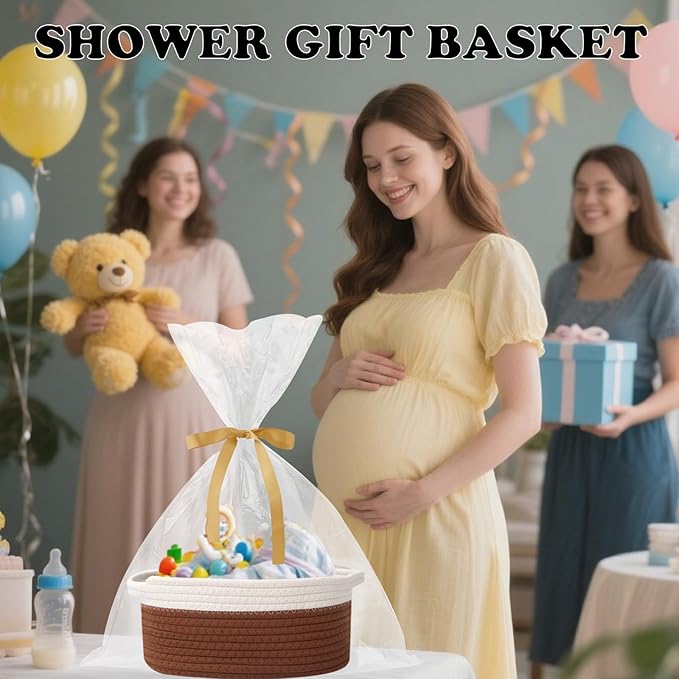 Gift Basket with Gift Bag and Ribbons,Small Rope Woven Shelf Storage,Baskets for Gifts Empty,Birthday,Baby Shower,Decorative Organizer Box with Handles(White&Brown)