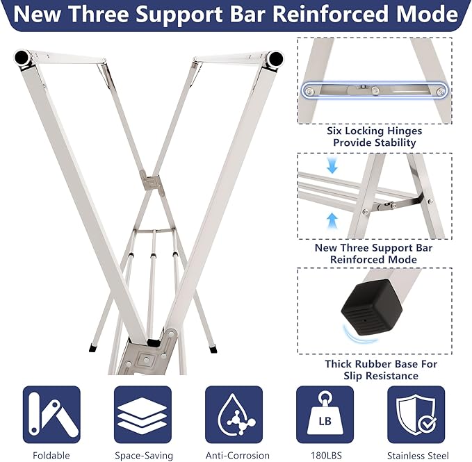 63 inches Foldable Clothes Drying Rack, Heavy Duty Stainless Steel Laundry Drying Rack for Indoor Outdoor,Clothes Rack Adjustable Length. 3 Additional Reinforcement Bars with 20 Windproof Hooks
