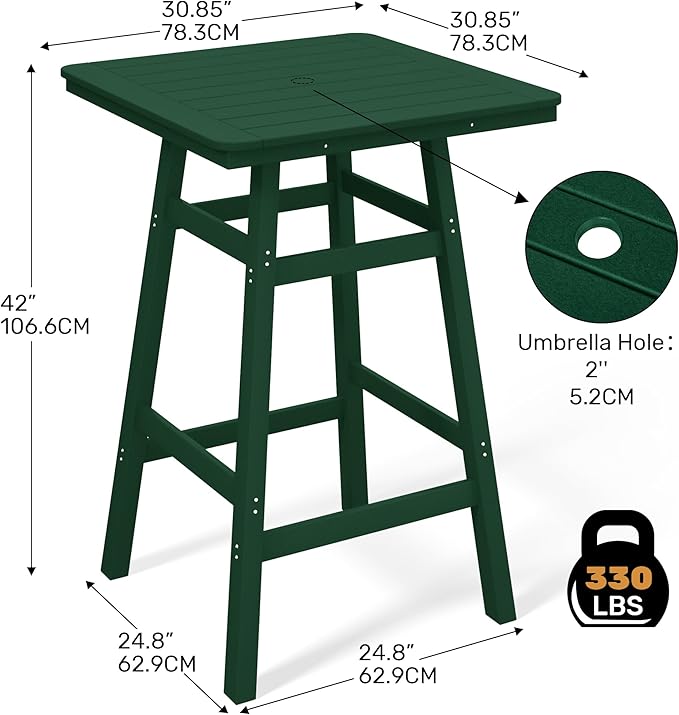 Costaelm Outdoor Bar Table, 42" Counter Height Square Patio Cocktail Bar Table with Umbrella Hole, Patio Bistro Dining Pub Table for Front Porch Deck Backyard Garden, Dark Green