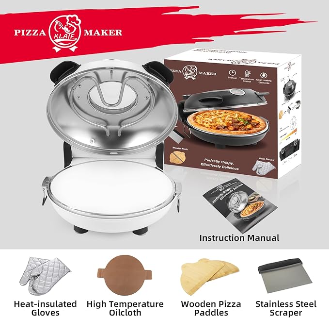 KLAIF 12" Electric Countertop Pizza Oven Indoor With Ceramic Stone, Dual Adjustable Temperature Controls, Includes 4 Pizza Tools, LMR-White