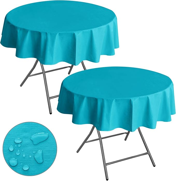 Nasitos 2 Pack Vinyl Tablecloth - Round 60 Inch, Plastic Teal Table Cloths with Flannel Backing, Stain Resistant, Decorative Fabric Tablecloths for Dining Table, Buffet Parties and Camping