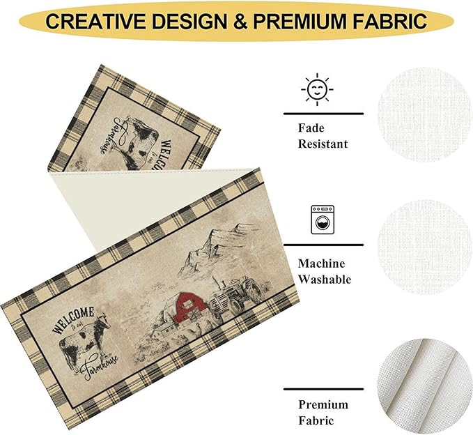 Farmhouse Table Runner, Rustic Country Barn Cottage Rooster Cow Check Animal Coffee Table Center Decor for Home Kitchen Dining Patio Holiday Party Indoor Outdoor Table Decorations 13"x108"
