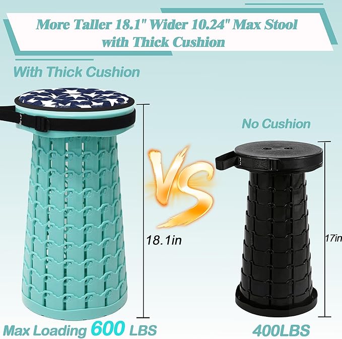 ALEVMOOM Upgraded Collapsible Stool with Thickened Cushion 18.1",600Lbs Max Weight Wider & Taller Pop Up Stool, Heavy Duty Portable Retractable Folding Chair or Travel Foot Rest for Camping Outdoors