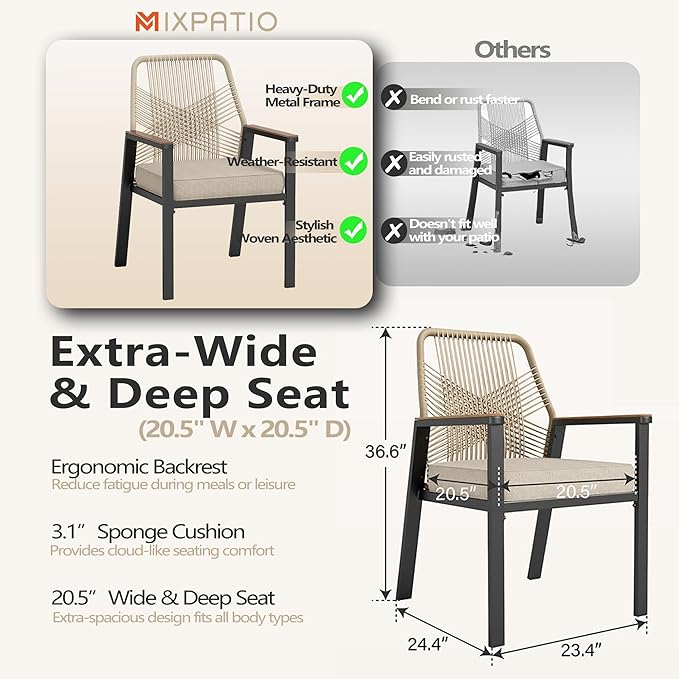 Patio Wicker Chair Sets of 6, Outdoor Dining Chairs with 3.1 inch Seat Cushions, Sturdy Metal Frame & Wood Grain Armrest, Beige