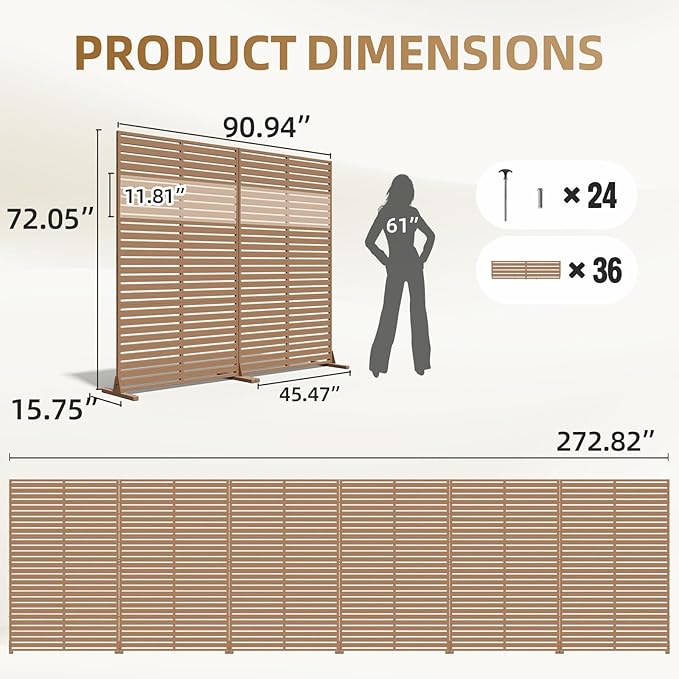 Privacy Fence Screen with Stand 6 Panel 72" H×47" W HDPE Decorative Panels with Steel Poles and Stand, Air Conditioner Fence Panels, Privacy Screen for Outdoor Backyard, Balcony, Pool