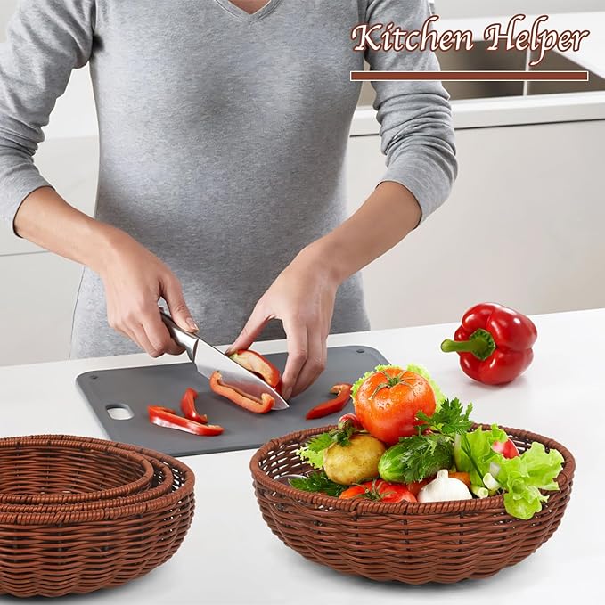 Imitation Wicker Bread Basket, 3 Pack Woven Rattan Basket Round Woven Baskets Woven Breads Baskets For Serving Vegetables, Kitchen, Restaurant, Outdoor, 3 Sizes (Brown)