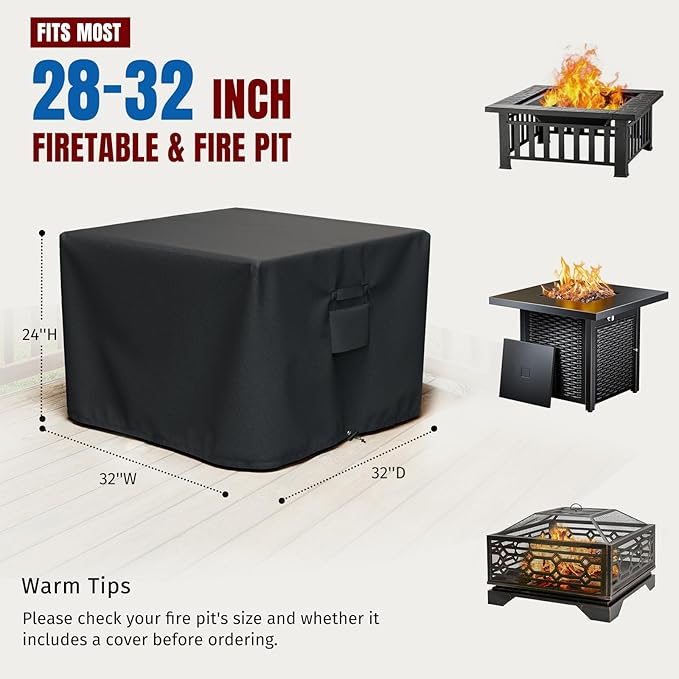 SHINESTAR Square Fire Pit Cover, Fits for 28-32 Inch Fire Pit Table, Waterproof and Windproof, 32 x 32 x 24 Inches, Black