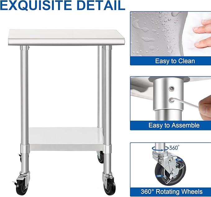 HARDURA Stainless Steel Commercial Table Prep & Work Table with Casters Heavy Duty Metal Table with Wheels NSF 430 18×30 Inches