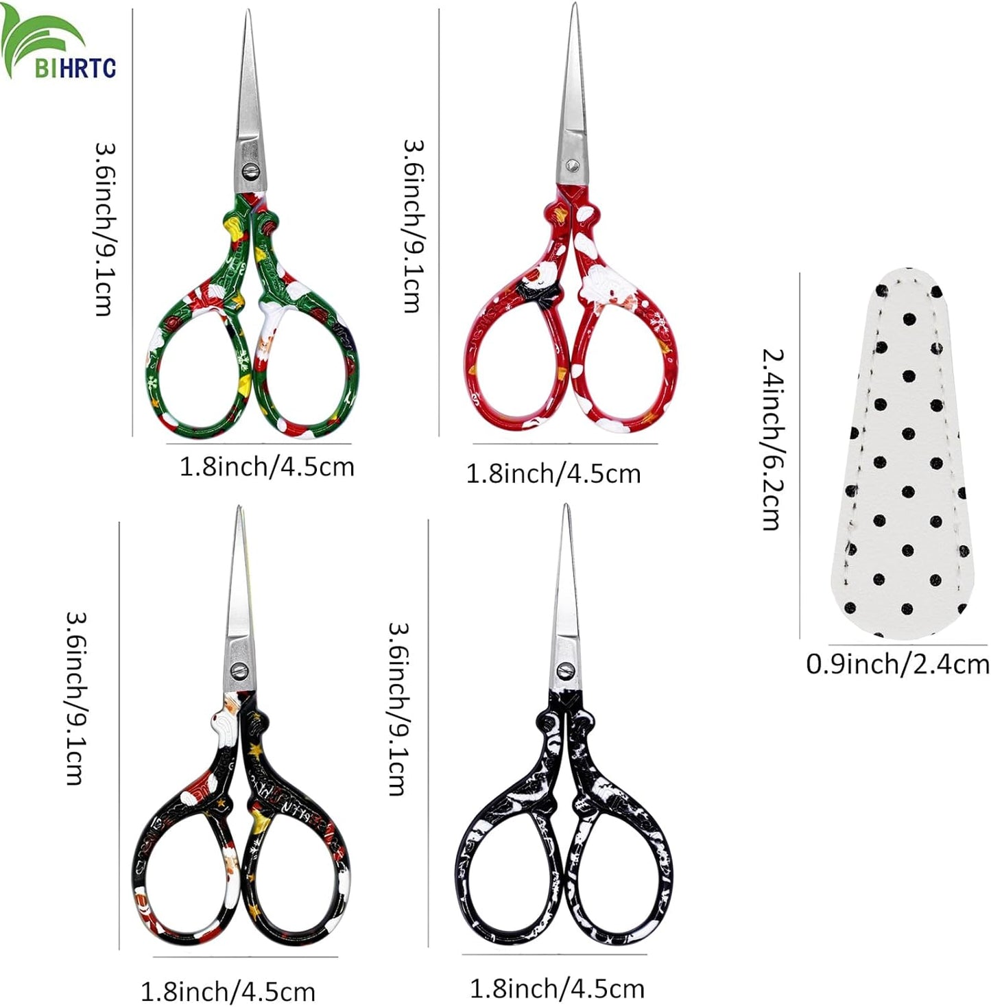 BIHRTC 4Pairs 3.6inch Embroidery Scissors with Leather Cover Stainless Steel Sharp Stork Threading Shears Needlepoint Scissors for Sewing Crafting Art Work Needlework Knitting