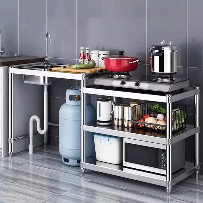 Free Standing Utility Sink, Stainless Steel Kitchen Baker Rack Shelf, Single Bowl Washing Hand Basin Station with Workbench, Fish Cleaning Table &Storage Shelves for Laundry Room, Garage,Outdoor
