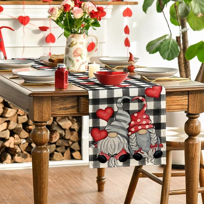 Artoid Mode Watercolor Buffalo Plaid Hearts Gnomes Love Valentine's Table Runner, Seasonal Anniversary Wedding HoliKitchen Dining Table Decoration for Indoor Outdoor Home Decor 13 x 36 Inch