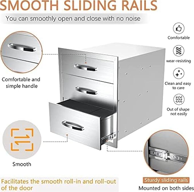 Stainless Steel Outdoor Kitchen Drawers - 3-Drawer BBQ Drawer, Built-in, Flush Mount - 14Wx23Dx21H