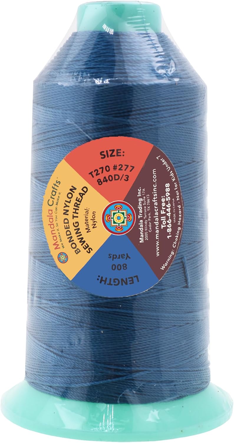 Mandala Crafts Bonded Nylon Thread Airforce Blue Heavy Duty Sewing Threads - 800 YDs Size 277 840D T270 Tex 270 Thread for Leather Jeans Weaving Outdoor Marine Upholstery Threads