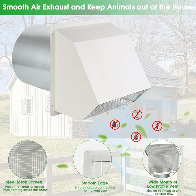 5 inch Dryer Vent Cover Outside Exhaust Vent Wall Vent Hood with Screen and Damper,Outdoor Dryer Vent Cover Cap for Range Hood/Kitchen/a c Duct Air Ventilation,Galvanized Steel,White